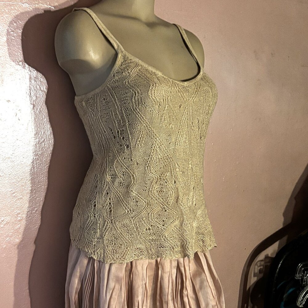 Ralph Lauren Crochet Tank Top Cami~Stretch Cotton Sand Beige Pale Tan~Lined~S-M